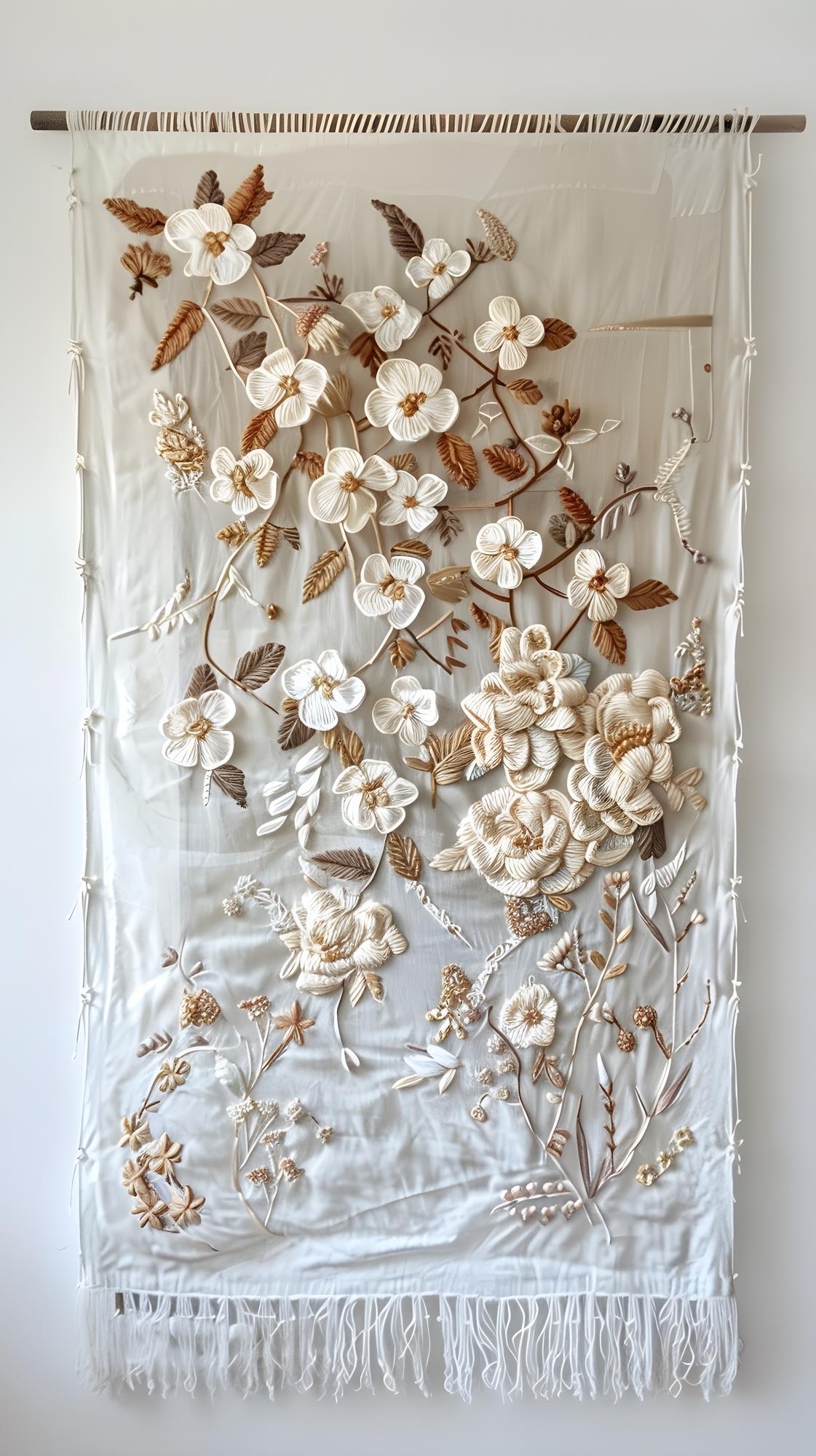 Large embroidered floral panel on linen